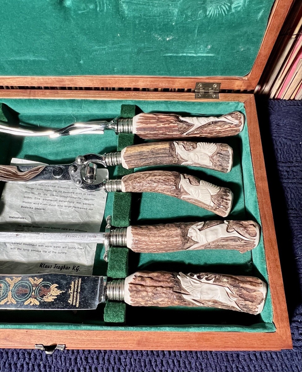 Klaus Tragbar Carved Antler Handle Knife Set VTG Solingen Germany