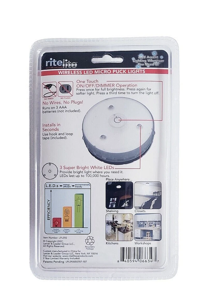 2 Pack Rite Lite Wireless LED Micro Puck Lights With Dimmer New Factory Sealed - Image 2 of 2