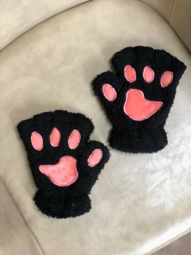 Damen Cosplay Katze Kralle Pfote Plüsch Fäustlinge kurze halb fingerlose Handschuhe Halloween - Bild 9 von 22