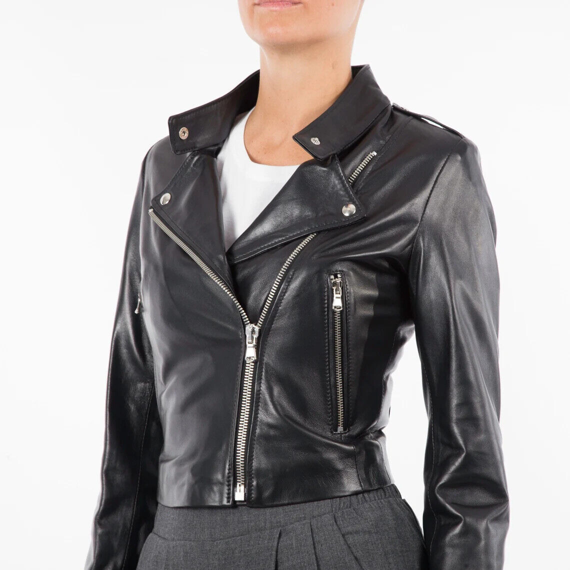 【SPERONE】23FW★ Lambskin cropped biker jacket New Women's Genuine Leather Motorcycle Cropped Biker Jacket