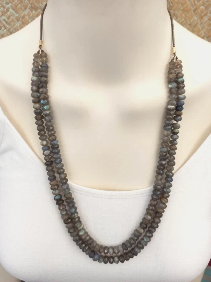 Collar Labradorita Vintage Facetado Doble Hilo Plata 925 Largo 25 Declaración Foto 2 de 4