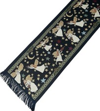 Vintage Christmas Angels Moon  Stars Navy Brocade Tapestry Table Runner 13"x64"