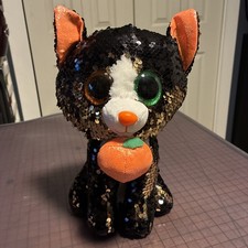 Ty Flippables Sequin Plush 9" Jinx Black Cat Pumpkin Plushie Halloween
