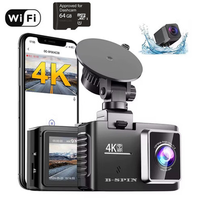 B-SPIN 4K+1080P Dashcam 5GWiFi Front and Rear Recorder Camera with 64GB Card