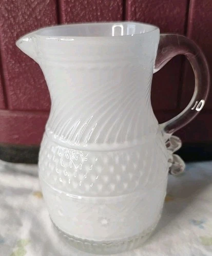 4.5" RARE Twisted Vintage White Milk Glass Clear Glass Handle Creamer Pitcher