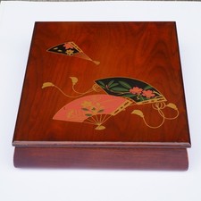 Vintage Japanese Lacquered Wooden Box Gold Fan Design 11.4 in Lid from Japan