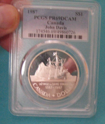 1987 $1 JOHN DAVIS CANADA SILVER DOLLAR PCGS PR-69-DCAM DEEP CAMEO