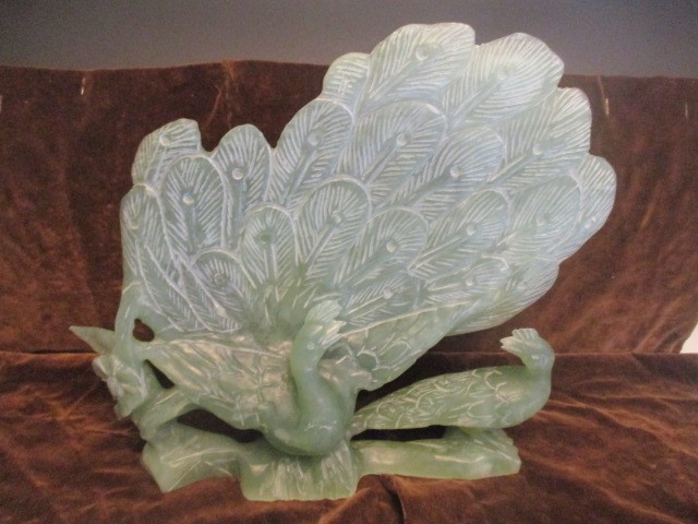 JADE PEACOCK W/MATE-HAND CARVED-4 LBS-10"ACROSSx10"-GREEN-FREE SHIP 48 STATES