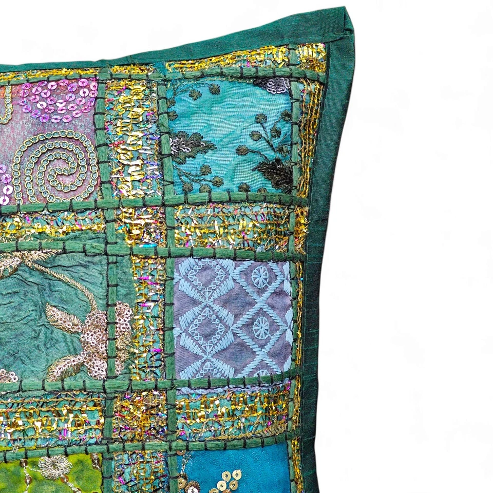 Handmade Indian Patchwork Decorative Cushion Cover - 16"x16" Boho Throw Pillow - Image 2 of 4