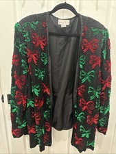 Vintage Laurence Kazar Beaded Sequin Holiday Christmas Bows Jacket Women s 4X