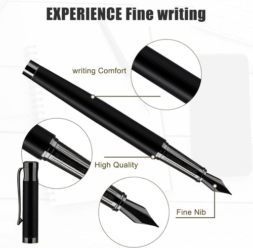 Luxury Metal Pen Set - Fine Nib Fountain Pen with Converter and 10 Black Ink - Picture 5 of 7