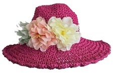 Bienvenu Dark Pink Large Brim Multi Colored Flower Beach Sun Hat Crochet