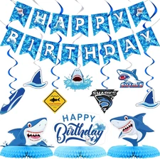 28 Pieces Shark Party Supplies Set Includes 12 Hanging Swirls Shark Happy Birthd