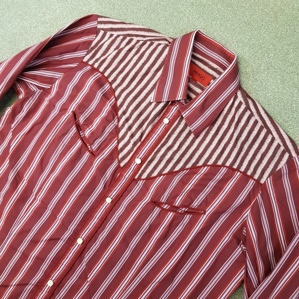 Camisa De Colección Hugo Boss Grande Borgoña Rayas Western Rodeo Rancho Perla A Presión Foto 3 de 4