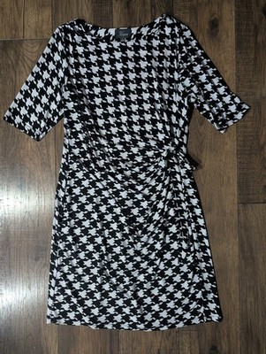 Kiara Black & White Houndstooth Print Womens Faux Side Wrap Dress Size L Classic