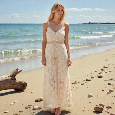 Bohemian Minimalist Lace Maxi Dress M Ivory Tassel Beach Wedding Modern Romance