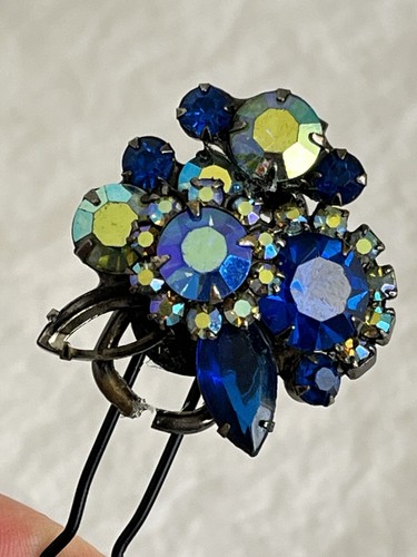 Vintage Jewelry Hair Pin Blue AB Rhinestones with Black Metal