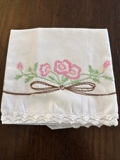 VTG Hand Embroidered Floral Pillowcase Queen 20x30 Pink Flower Brown Bow Cottage