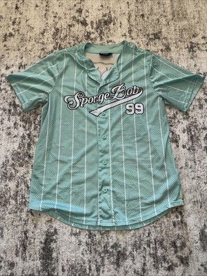 SpongeBob Squarepants Baseball Jersey Teal Pin Striped Air Brush Size Large