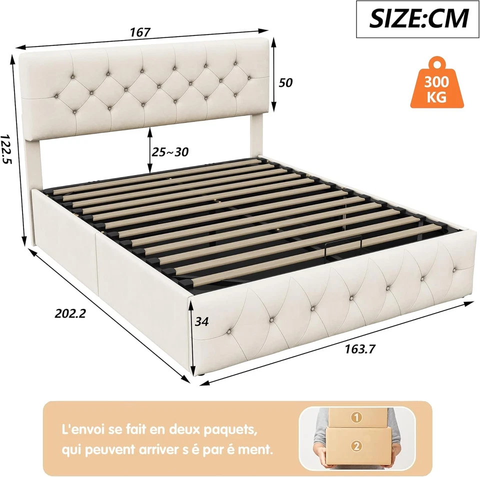 Letto Matrimoniale 160X200 Cm Con Contenitore, Struttura in Velluto Albiccocca,  - Immagine 2 di 4