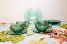  1930s Jeanette Glass Teal Green DORIC AND PANSY - Pretty Polly Party Tea Cups 