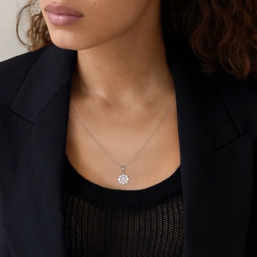 14k White Gold 1Ct TDW Lab Grown Diamond Cluster Flower Pendant Necklace - Picture 2 of 7
