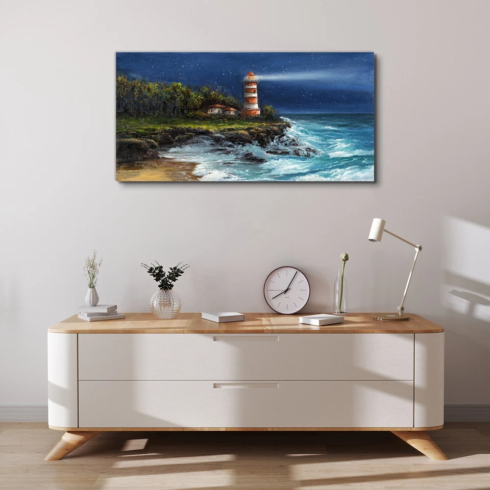 Canvas Print 100x50 Painting Coast Ocean Waves Lighthouse Wall Art Framed Decor - Image 3 of 4