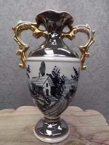 Vintage-Rococo-Baroque-White-Gray-Silver-Gold-Hand-Painted-Flower-Vase