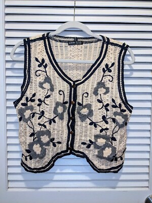 カーディガン Shein Cream Cardigan Sweater Sleeveless Blue Grey Flowers Sz Sm