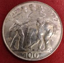 CZECHOSLOVAKIA 100 KORUN 1955 BU Silver 10th Anniversary WWII liberation crown!