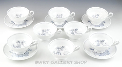 Spode Copeland's England BOWPOT GRAY CHINOISERIE 8 CUPS AND 5 SAUCERS Set