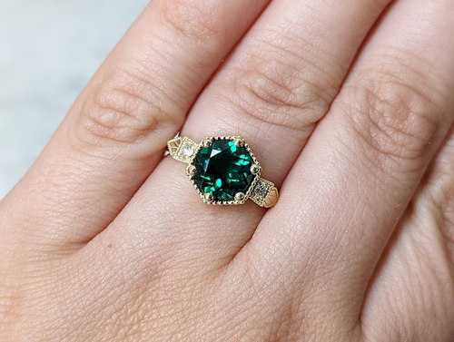 2CT Lab-Created Emerald Engagement Ring 14K Yellow Gold plated - Vintage - Afbeelding 9 van 9