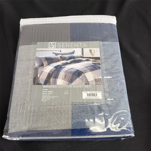 = Serenta Washed Cotton Duvet Set Royal Blue Buffalo Queen 92" x 90" NEW - Picture 4 of 4