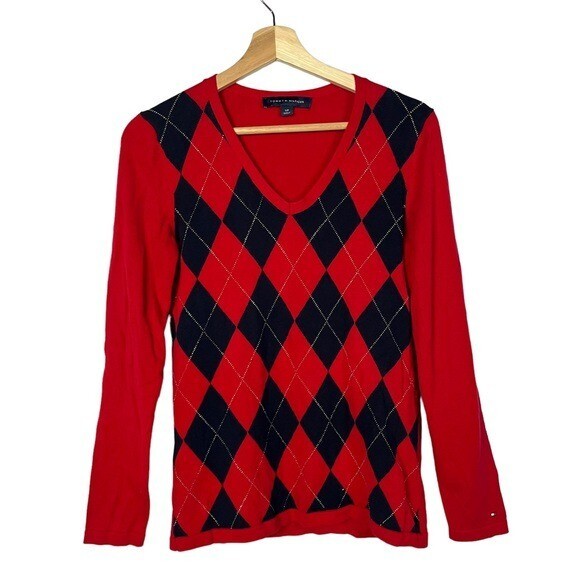 Tommy Hilfiger Red Essential Argyle Knit Long Sleeve Sweater S image 3