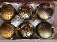 6x Homebase Opulence range glass glitter baubles decoration 8cm brown & gold (B)