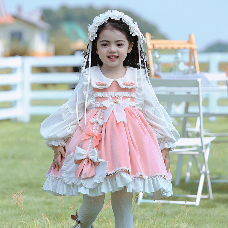 Girl Cute Bow Lolita Princess Dress Children Velvet Long Sleeve Dresses