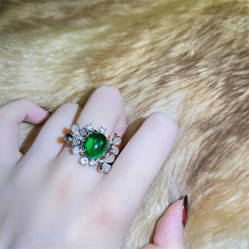 Oval Emerald Gemstone Ring White Gold Crystal Flower Womens Wedding Bridal Ring - Picture 12 of 18