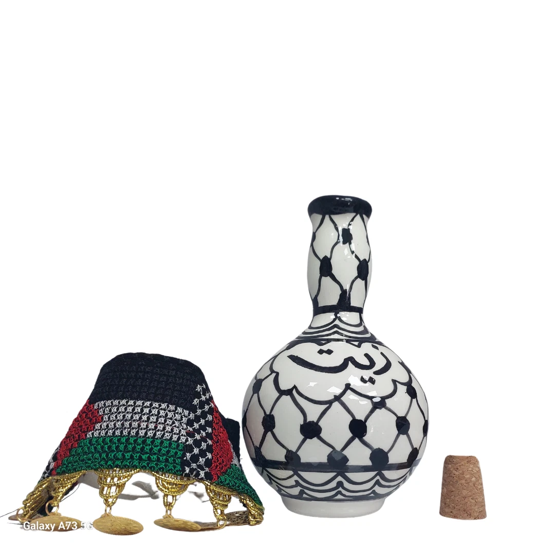 Handmade Palestinian Ceramic Oil Dispenser - Hand Painted Keffiyeh Design