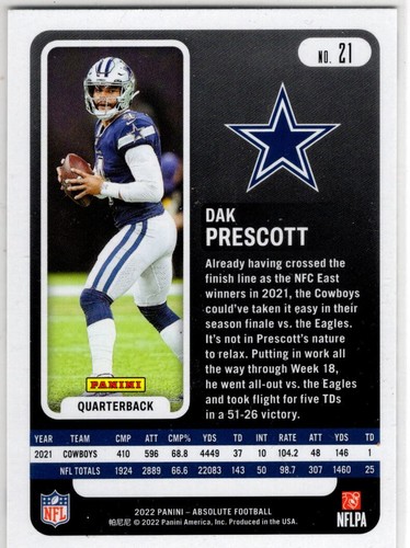 2022 Panini Absolute Football Dak Prescott No. 21 Dallas Cowboys - Picture 2 of 2