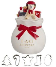 FAO SCHWARZ DECORATIVE HOLIDAY COOKIE JAR BEAR TOYS & CUTTER SET - NEW - 6PC