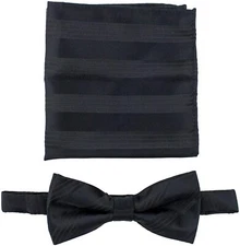 Solid Black Bow Tie + Pocket Square - Pre-Tied Clip On Bow Tie -Tuxedo Bow Tie