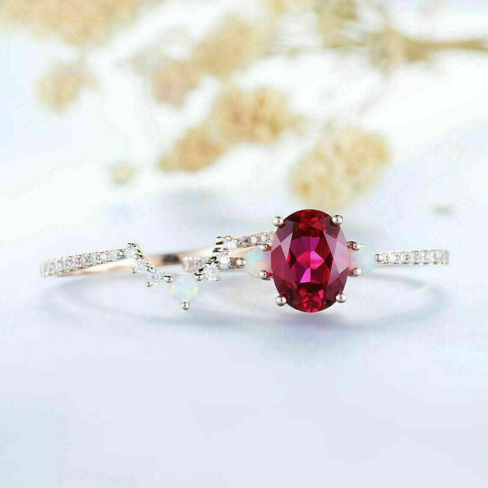 2Ct Lab Created Red Ruby Fire Opal Bridal Set Engagement Ring 14K Rose ...