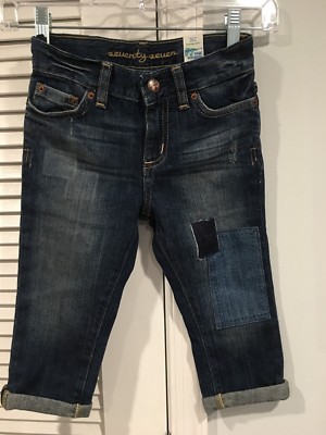 NWT 77 KIDS  GIRLS DENIM CROP CAPRI JEANS SKINNY PATCHES GIRLS SIZE 7 DARK WASH