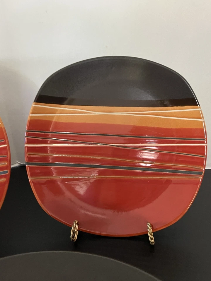 Platos de Cena Cuadrados Bazar De Colección (6) Home Trends Naranja Rojo Marrón Rayas Blancas Foto 3 de 4
