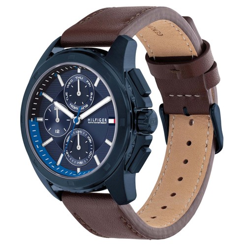 Tommy Hilfiger Brown Leather Navy Dial Multi-function Men's Watch - Picture 2 of 9
