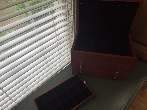 Vtg Eureka Reed & Barton Lg 10" Wood 3 Drawer Top Lift Jewelry Storage Box Chest - Bild 3 von 15