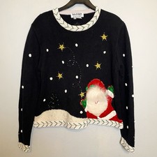 Vintage Jack B Quick Embellished Holiday Christmas Sweater Black Sz L Petite