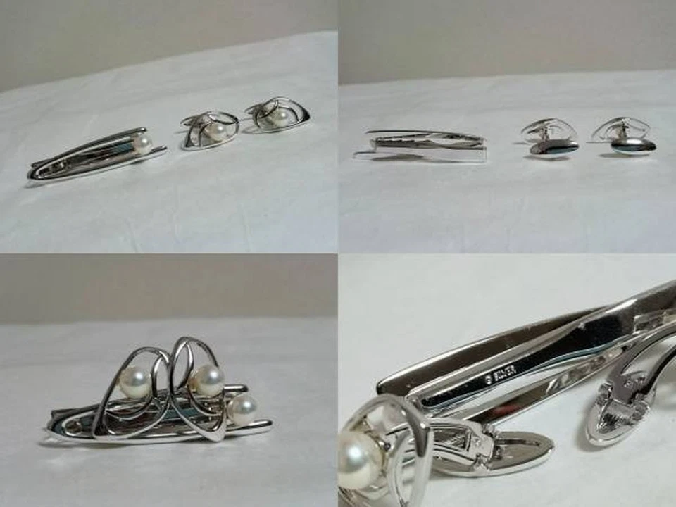 Barra de clip de corbata gemelos de plata perla grande MIKIMOTO #694 Foto 3 de 4