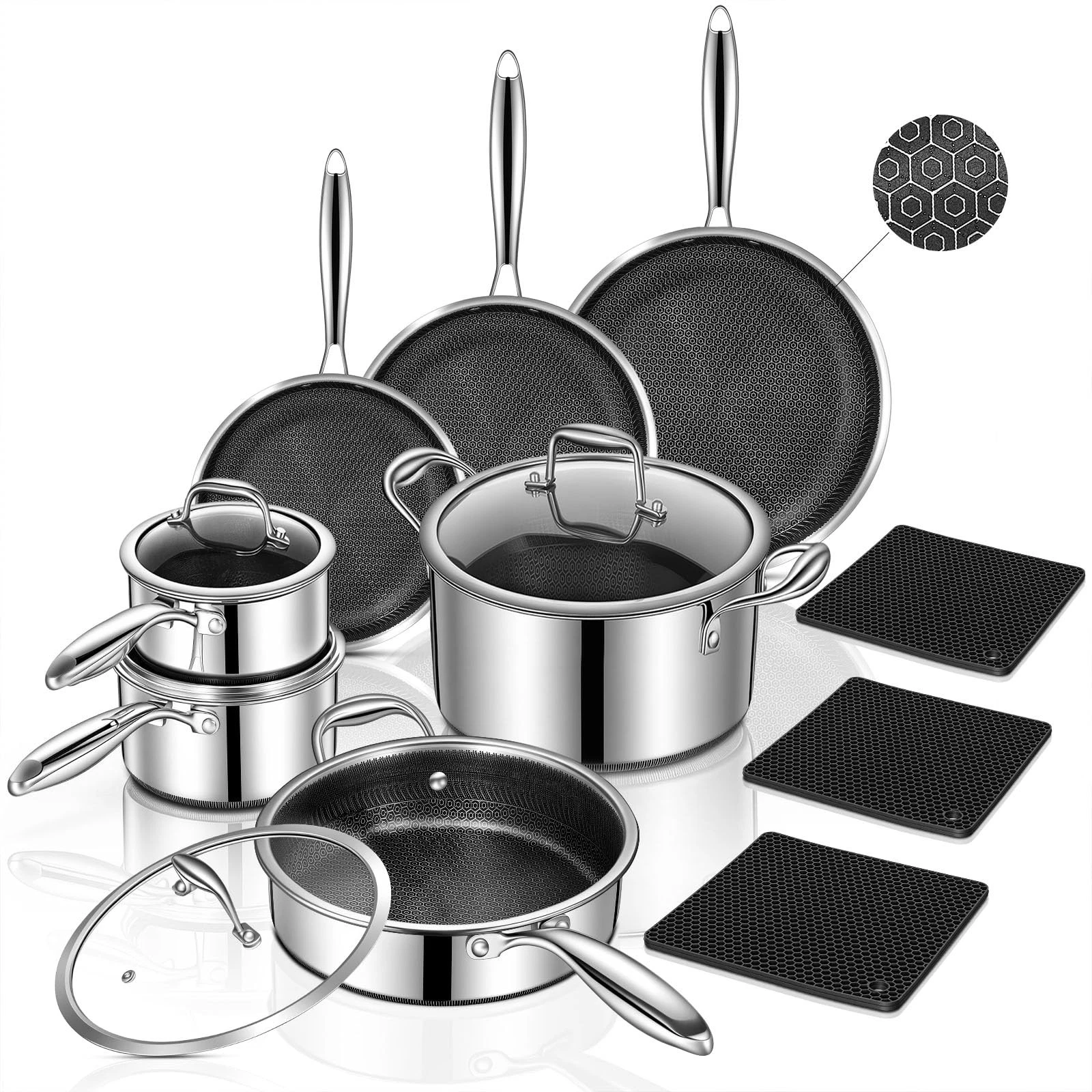 Yoehka 14-Piece Hybrid Stainless Steel Cookware Set, Non-Stick Pots and Pans Set