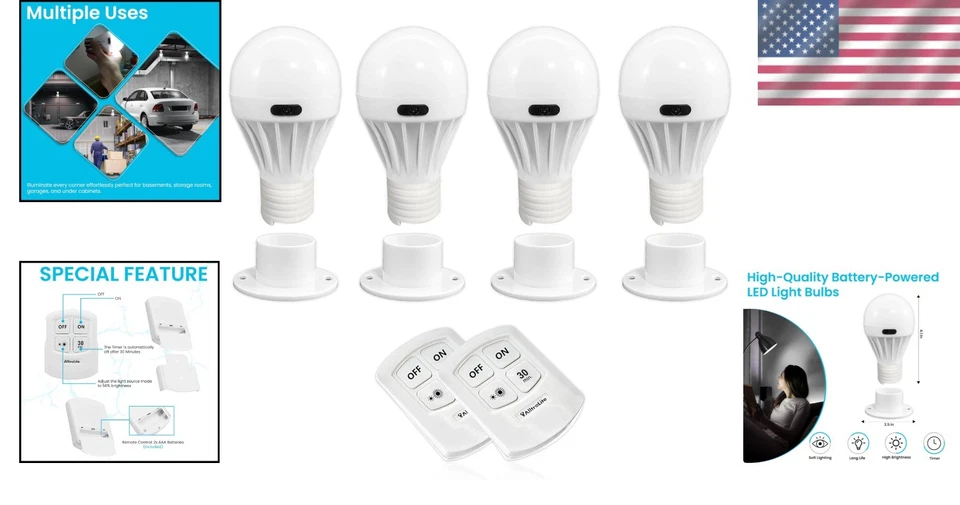 Versatile 4-Pack Battery Powered LED Bulbs - 200 Lumens with Magnetic Attachment - Image 2 of 4